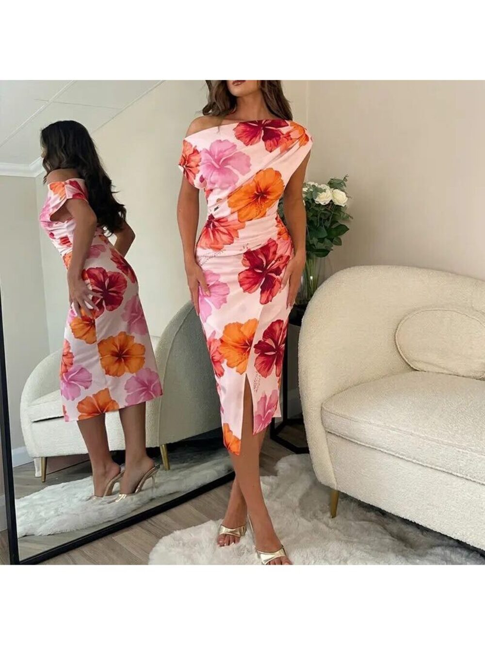 CHICME Pink Floral Ruched Midi Dress Size M